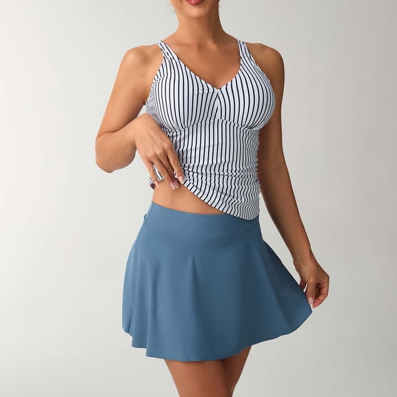 Tankini Swimsuits for Women V Neck High Waisted Skirt Bottom Two Piece Bathing Suits Striped Print Tummy Control Modest Swimdress Swimwear