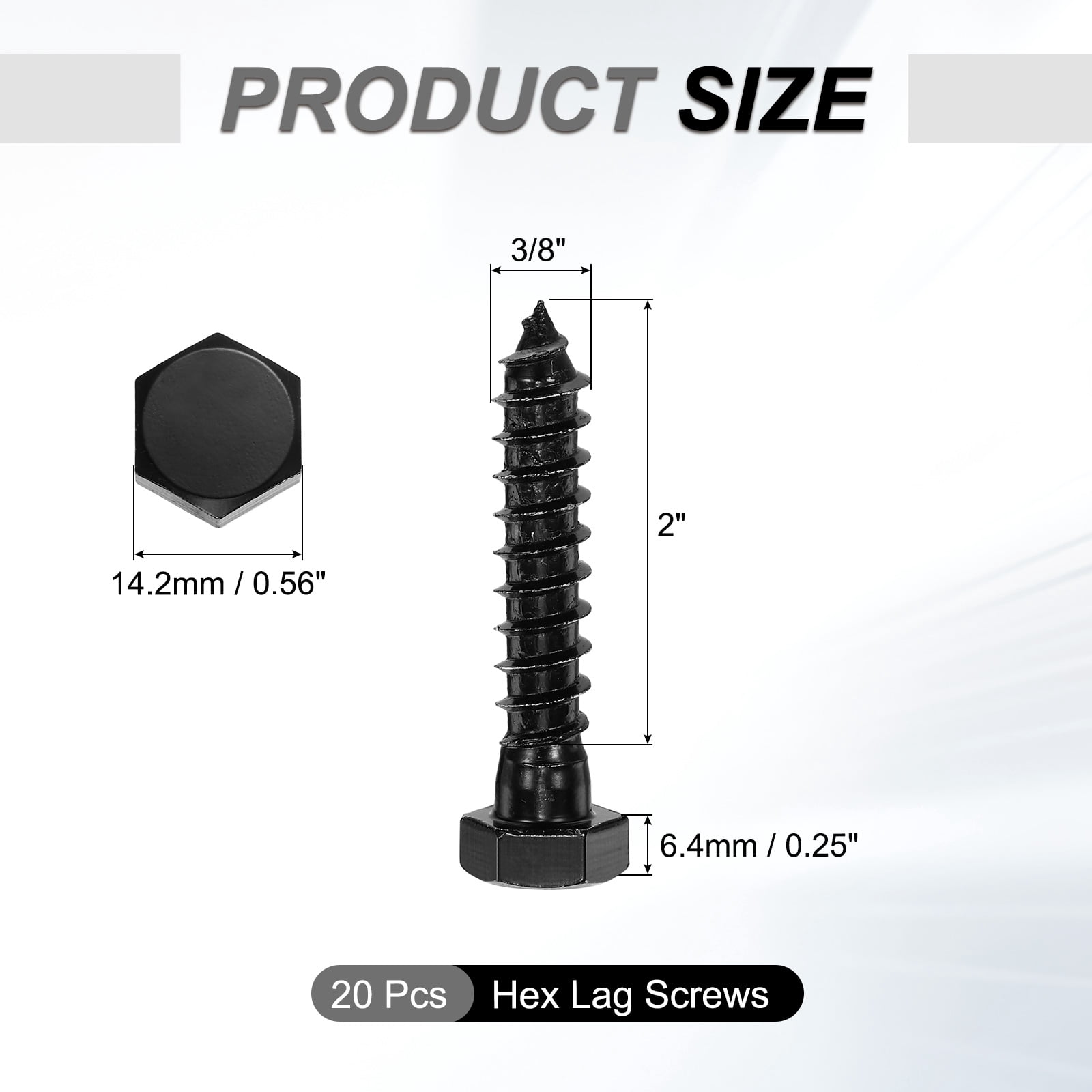 3/8" x 2" Hex Head Lag Screws Bolts, 20 Pack 304 Stainless Steel Hexagon Head Lag Bolt Wood Screws, Partial Thread, Black Zinc Plating