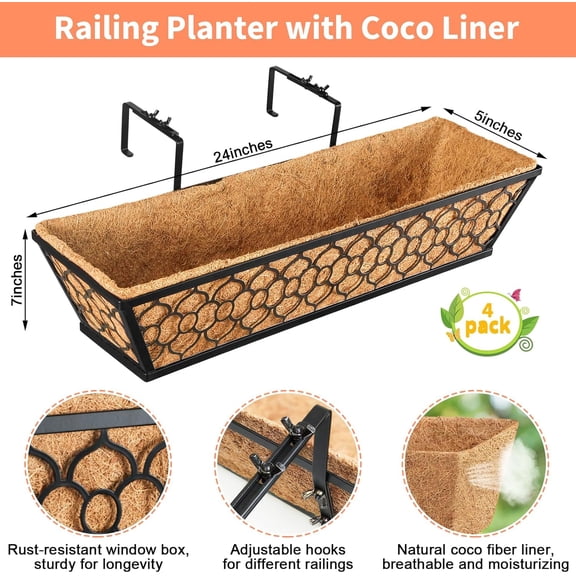 Riare 4 Pack 24 Inch Window Boxes Planters with Coco Liner, Metal Deck Railing Planter Boxes, Balcony Planters Railing Hanging, Trough Window Flower Planter Boxes for Outdoor Porch Fence