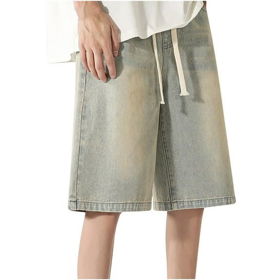 JIUKE Denim Shorts for Men Casual Elastic Waist Drawstring Jeans Shorts Vintage Color Baggy Knee Length Shorts