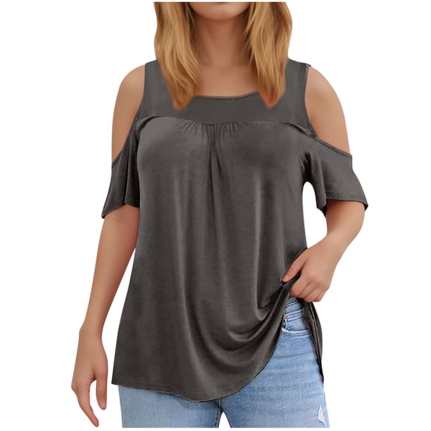 Fiudx Liquidación de Ofertas Flash Camiseta de Algodón Holgada con Cuello Redondo y Hombros Descubiertos para Mujer, Talla Grande, Manga Corta, Básica, Informal