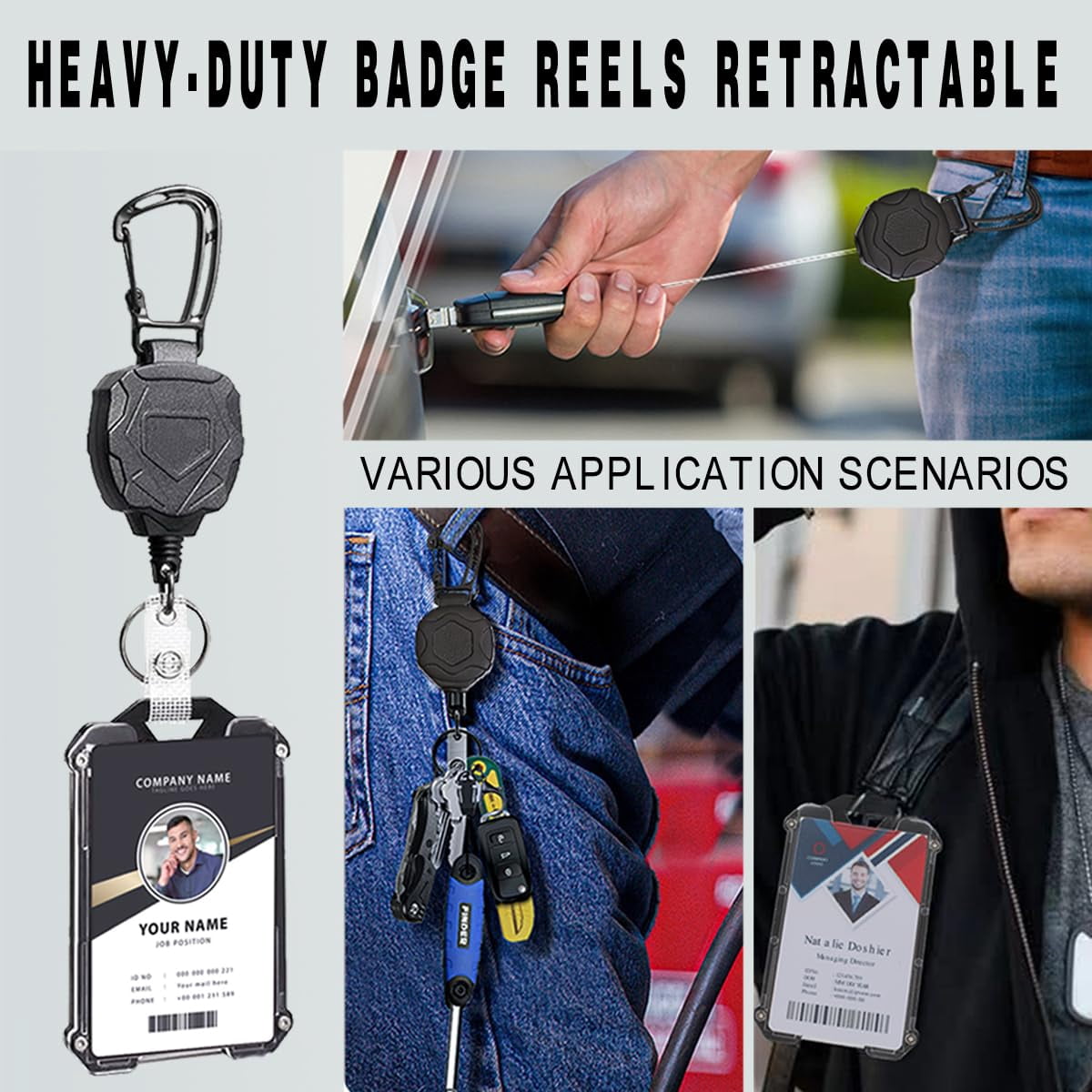 Badge Holder Retractable Clip, Heavy Duty Carabiner Badge Reel Keychain with Lanyard for ID Cards, Tactical ID Holder