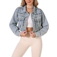thumbnail image 2 of INSPIRE CHIC Rivet Studded Denim Jacket for Women's Cropped Casual Wash Jean Jacket S Light Blue, 2 of 6