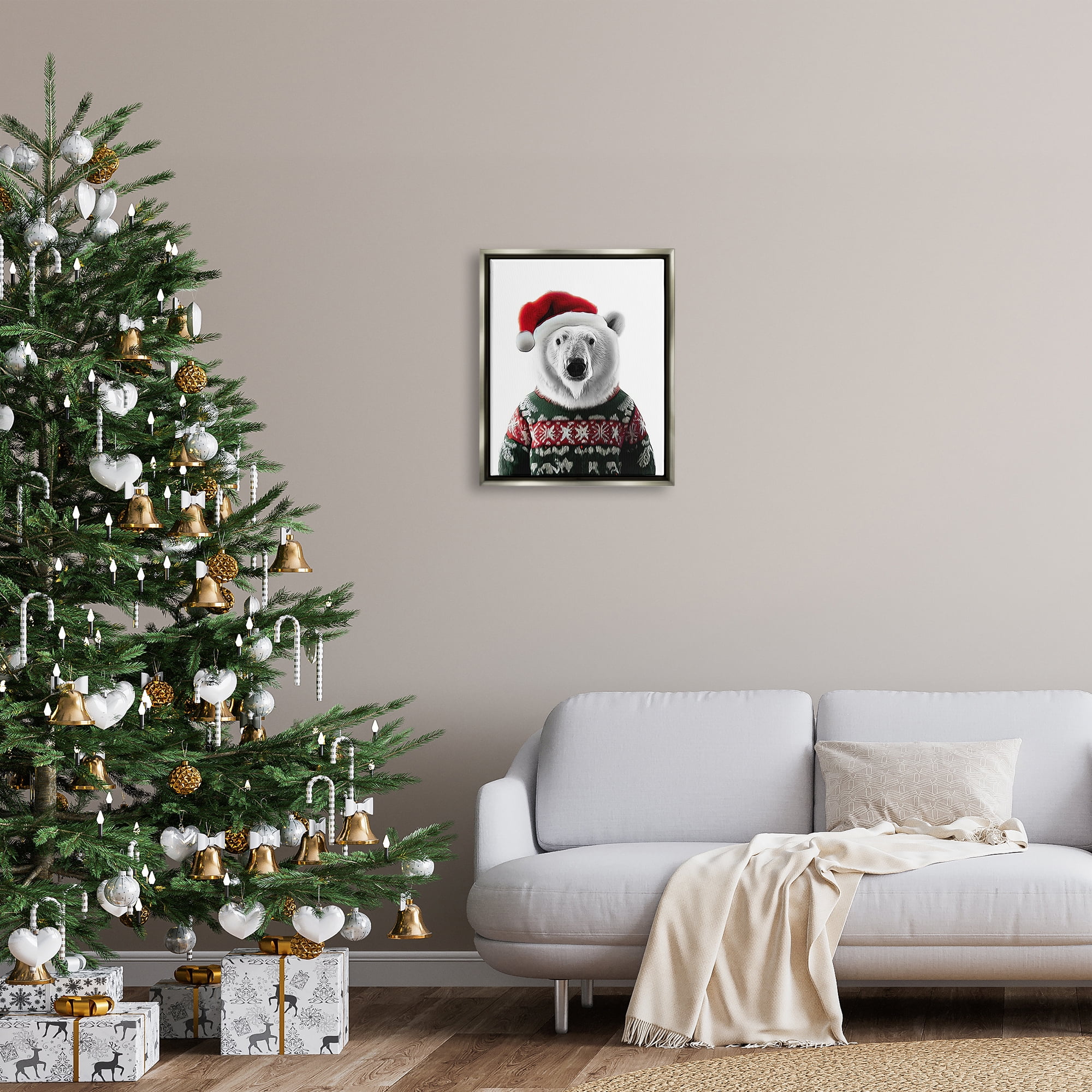 Stupell Industries Bear in Holiday Sweater Holiday Painting Gray Floater Framed Canvas Art Print Wall Art, 17 x 21