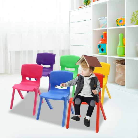 Modern 6 Pcs Stackable School Chairs, 6 Pcs Kids Plastic Stack Chairs, 6 Pcs L-Shaped Classroom Chairs Comfortable Design Waterproof Stackable School Chairs