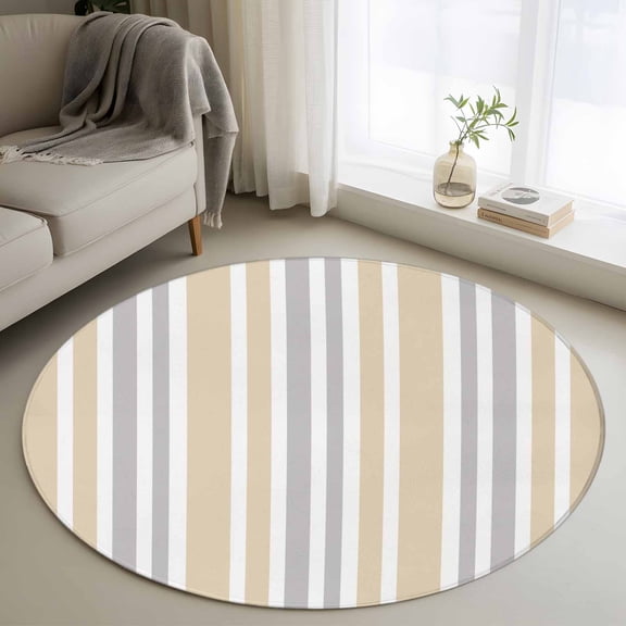 Round Rugs 4Ft, Beige Grey Stripe Round Area Rug Washable Indoor Throw Carpet, Farmhouse Minimalist Striped Soft Non Slip Circle Rug for Kitchen Nursery Room Home Decor Aesthetic