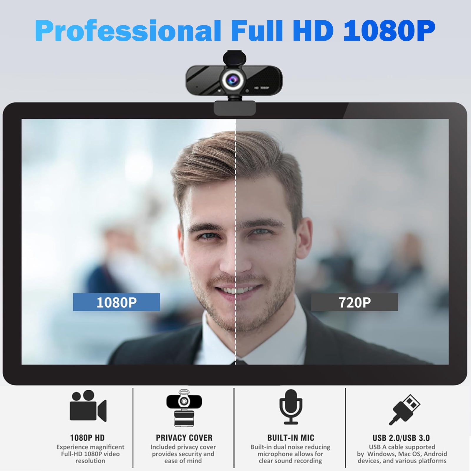 RONY 1080P Full HD Webcam with Built-in Microphone, Privacy Cover & Rotatable Tripod , Wide Angle USB Camera for Desktop PC and Laptop, Black