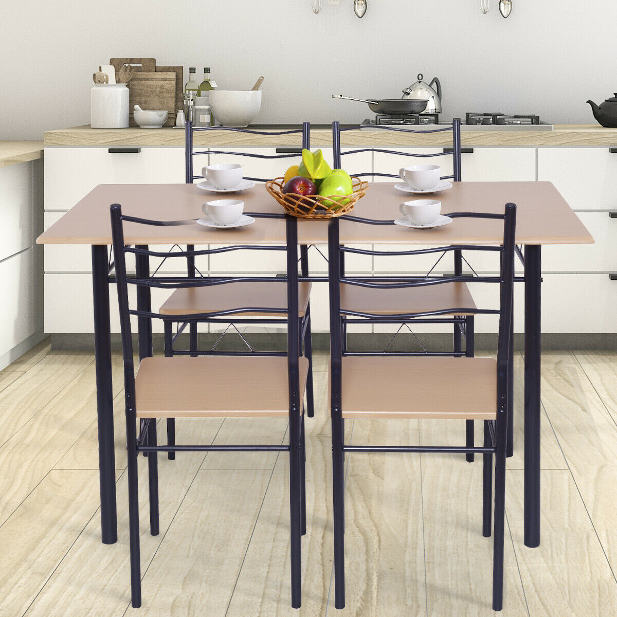 Costway 5 Piece Dining Table Set 29.5" with 4 Chairs Wood Metal Kitchen Breakfast Furniture Brown - image 3 of 8