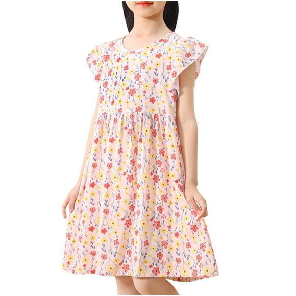 Odeerbi Niñas Verano Floral Vestidos Ruffle Sleeve Algodón Vestido Niños Impresión Gráfica Sin Mangas Vestido