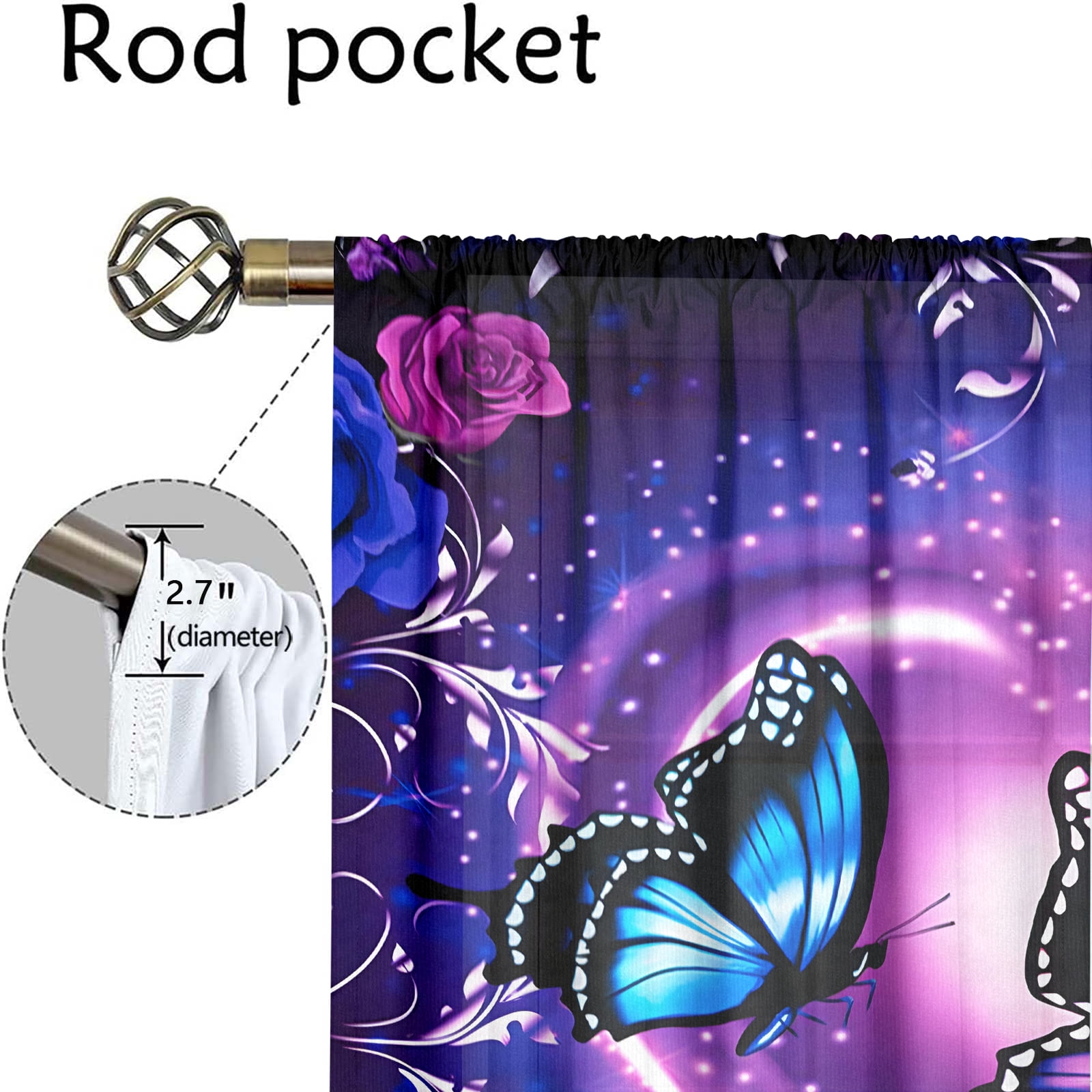 WNOOHIY Vivid Romantic Purple Butterfly Heart Light-Filtering Curtain for Bedroom and Living Room, Set of 2 Panels
