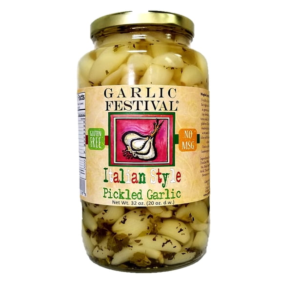 Garlic Festival Italian Style Pickled Garlic Cloves in a Jar -Italian Style Pickled Garlic - Fresh Garlic Cloves for Cooking - Freshly Made - Subtly Infused, Pre-Prepared Garlic - Net Wt. 32 oz.