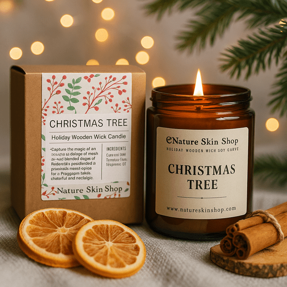 Nature Skin Shop Christmas Tree Soy Candle – Clean-Burning Wood Wick Candle with Fresh Pine, Cedarwood & Balsam Notes – 8 oz Jar – Holiday Home Fragrance