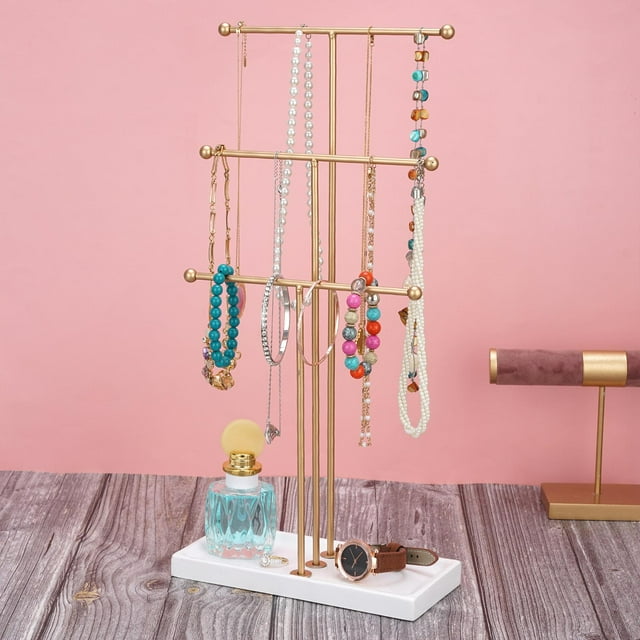 Tabletop 3 Layer Jewelry Organizer Necklace Metal Bracelet Holder with Tray Golden