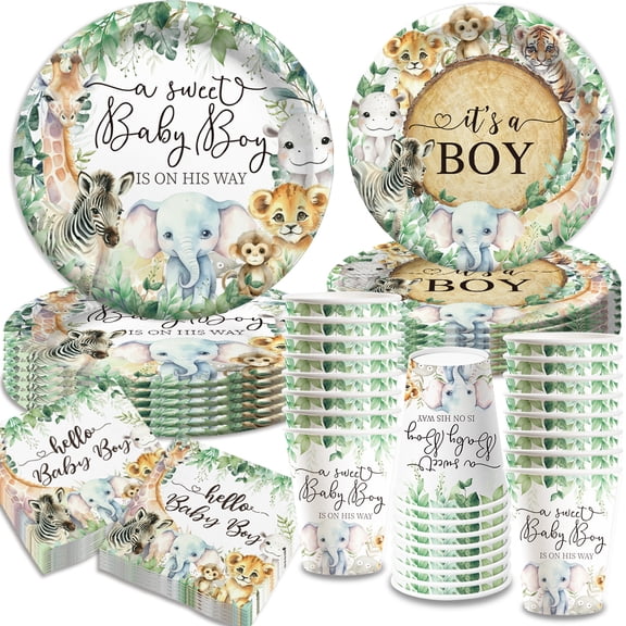 Jungle Safari Baby Shower Decorations, 96Pcs Jungle Theme Baby Boy Table Decorations, Plate, Napkin, Cup ,Wild Animal Baby Shower Party Supplies, Serves 24
