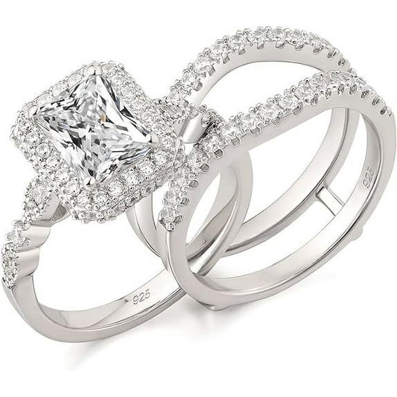 Rag Jewels 925 Sterling Silver 2.00 Ct Emerald Cut White Diamond Wedding Engagement Band Enhancer Engagement Bridal Ring Set 14K White Gold Plated For Women's -7
