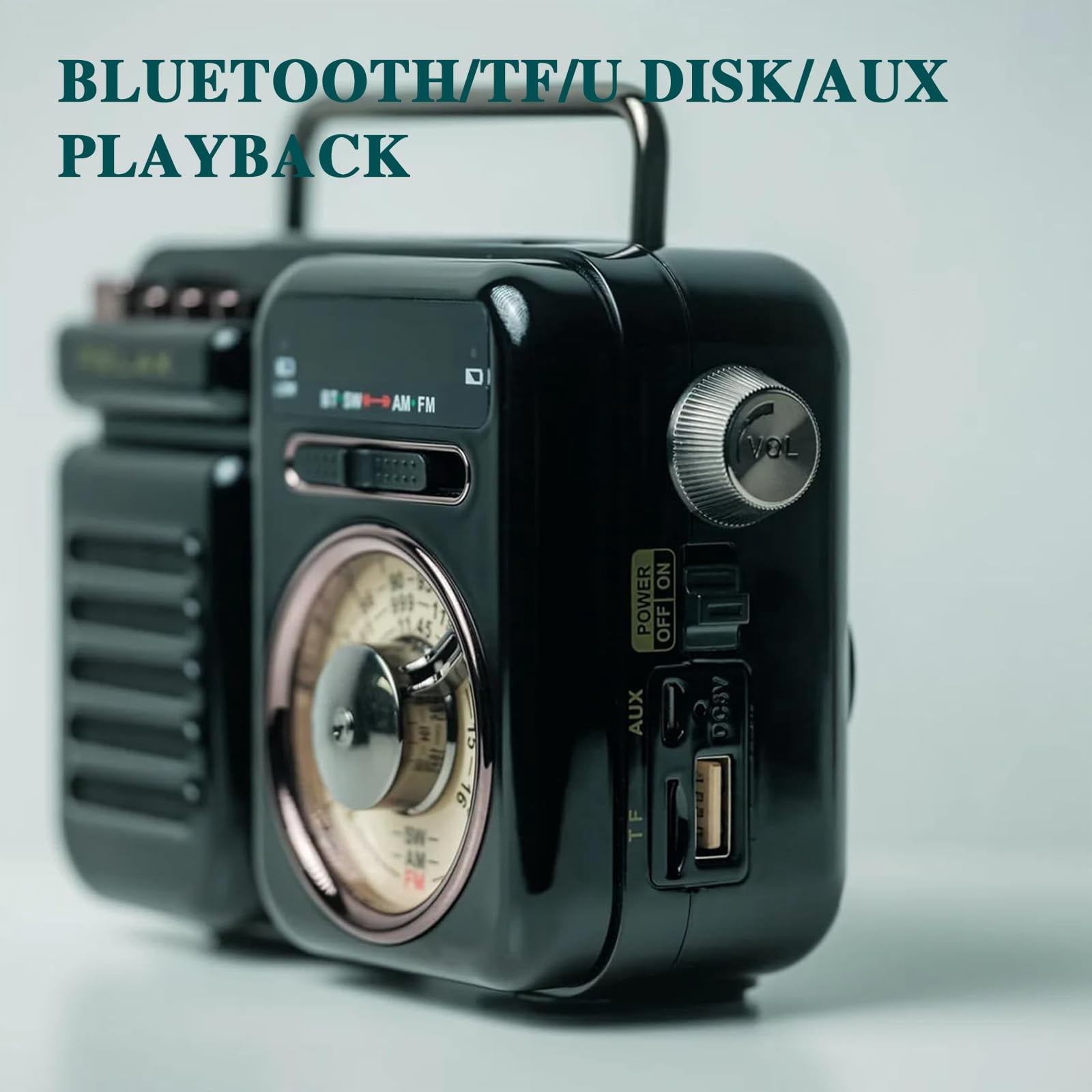 Retrowave 7-in-1 Portable Radio with Bluetooth, TF/USB/AUX Playback, Rechargeable, Flashlight, Sleep Timer, SOS Alarm  Ideal for Indoor Decor, Camping & Emergency Use