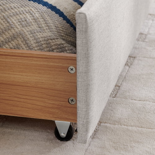 Queen Size Upholstered Daybed with 2 Storage Drawers, Vertical Stripe Linen Sofa Bed, Beige