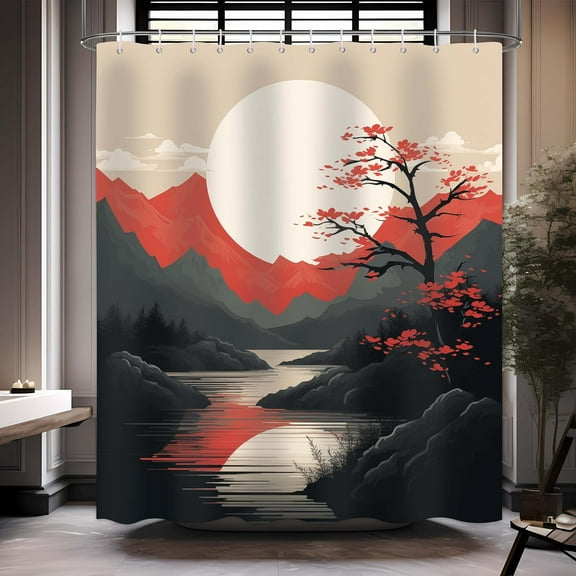 Japanese Shower Curtain Asian Shower Curtain Japanese Cherry Blossom Plum Mountain Chinese Oriental Sun Misty Mountains Scenery Ink Art Bathroom Decor Set with 12 Hooks 72x72 Inches (B)
