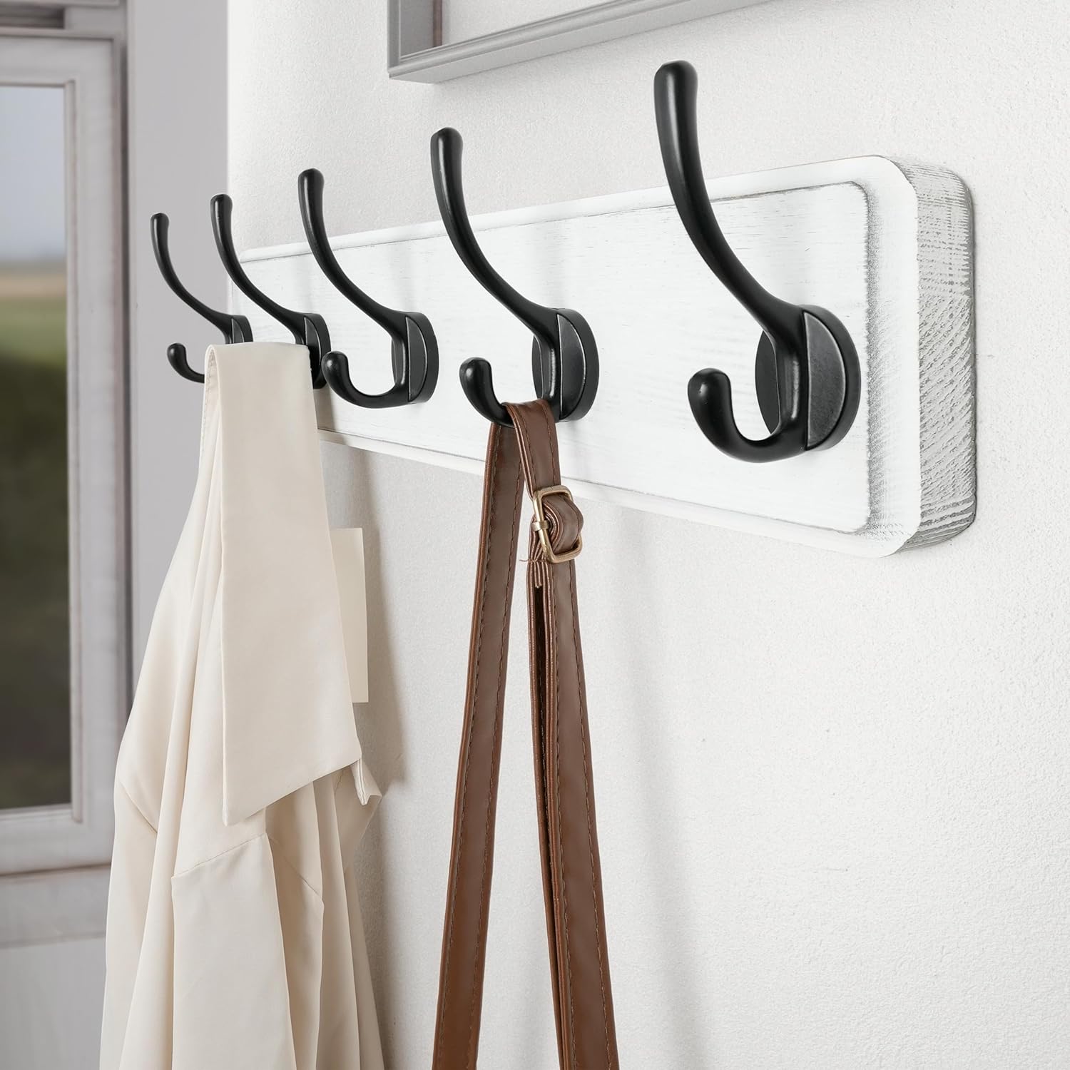 SKOLOO Lot De 2 Porte-Manteaux Muraux Bois Rustique 44cm - 10 Crochets Triples Pour Vêtements, Sacs