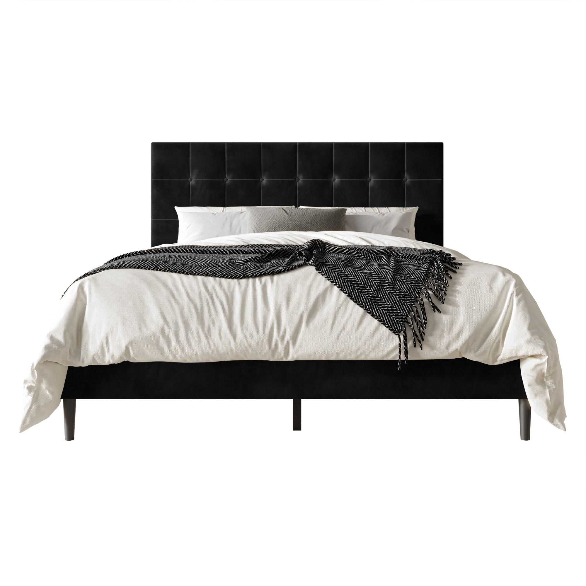 Home Design Marion Twin Tufted Upholstered Platform Bed Frame with Tufted Headboard and Plush Padding, Black, Easy Assembly