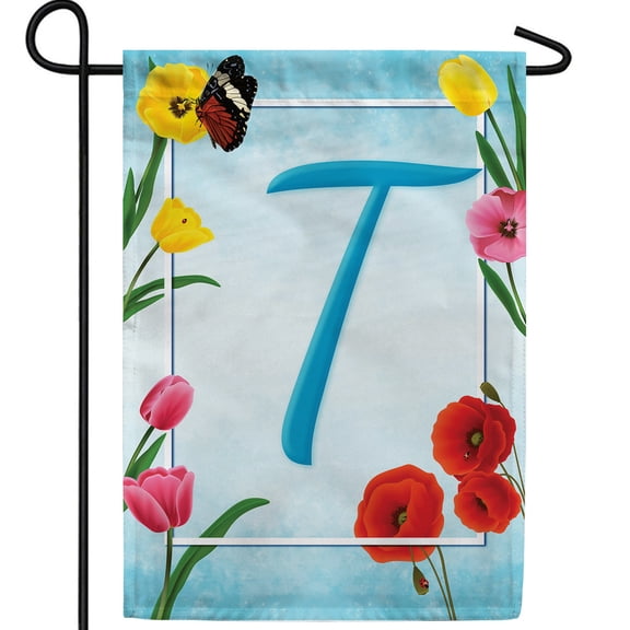 America Forever Spring Monogram Garden Flag Letter E 12.5 x 18 inches Double Sided Vertical Outdoor, Yard, Lawn, Beautiful Summer Flowers, Tulip, Ladybug, Bees