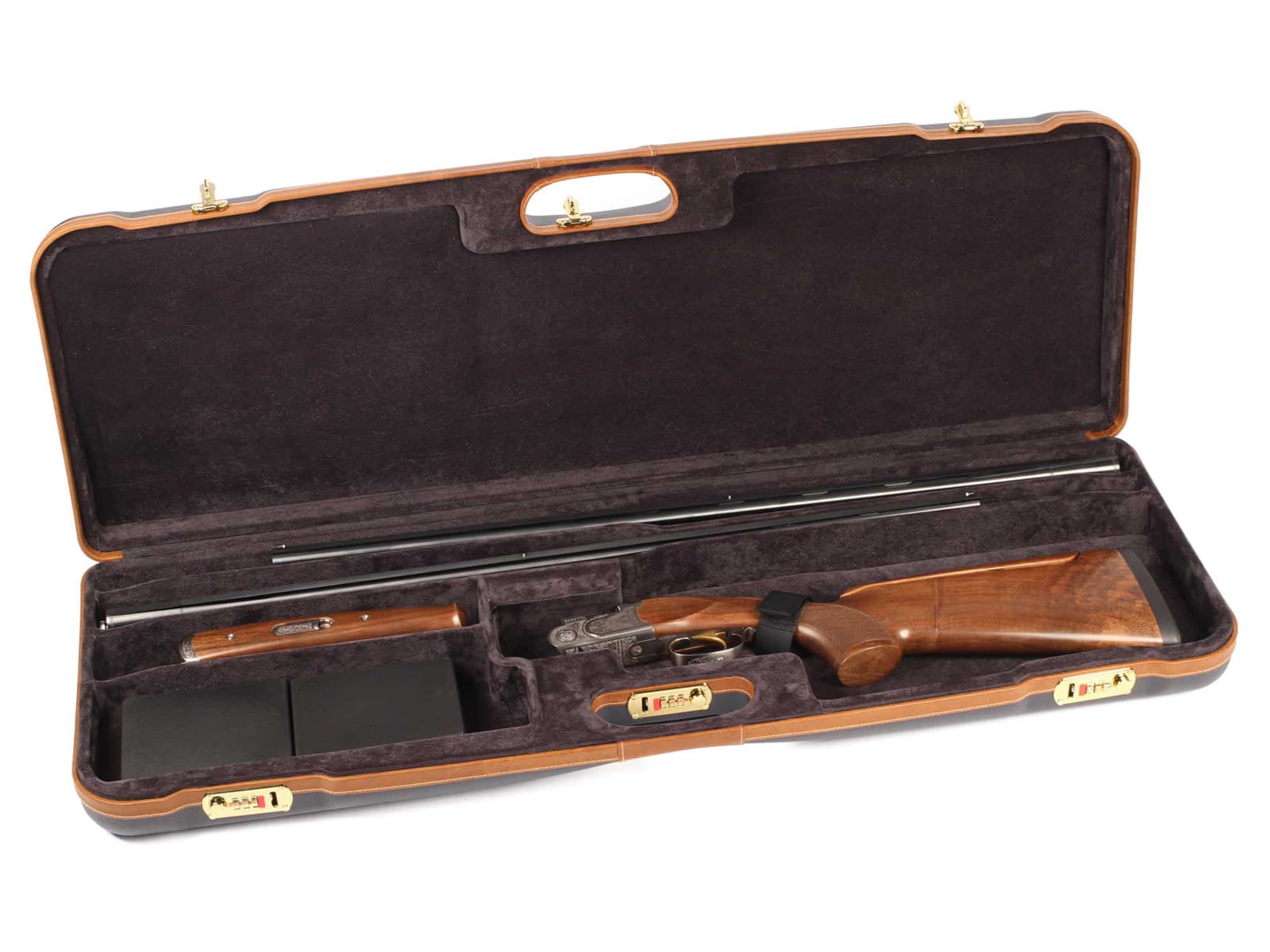 Negrini O/U Deluxe High Rib Trap/Sporting Combo Shotgun Case, Navy/Tobacco Leather/Grey Interior