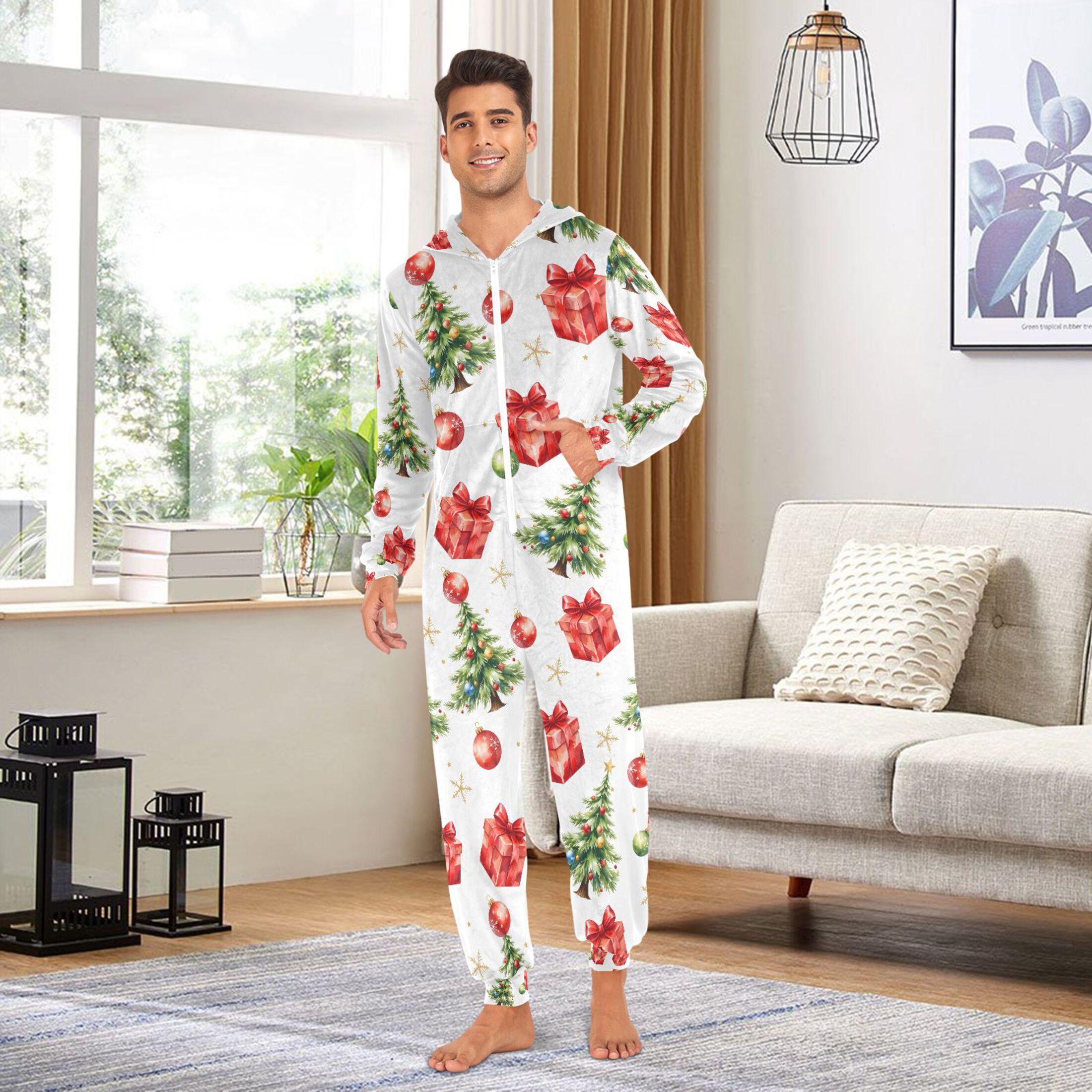 Adult Christmas Onesie Snowflake Christmas Tree Adult Zipper One-Piece Pajamas Unisex Pajamas with Pockets