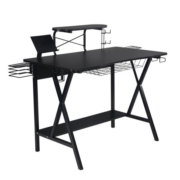 Shelf Tray Basket Storage Tablet Station Power Strip Cable Management & Cup Holder Gaming Desk, Black