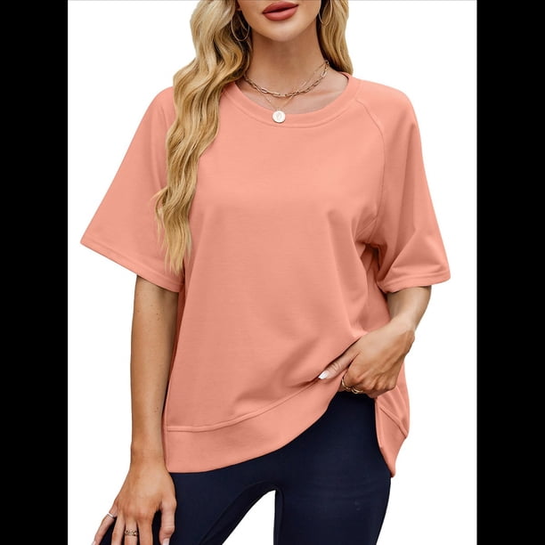 Camisetas de Gran Tamaño para Mujer, Cuello Redondo, Corta, Blusas Casuales de Verano, Blusas Holgadas de Corte Alto Rosa XL