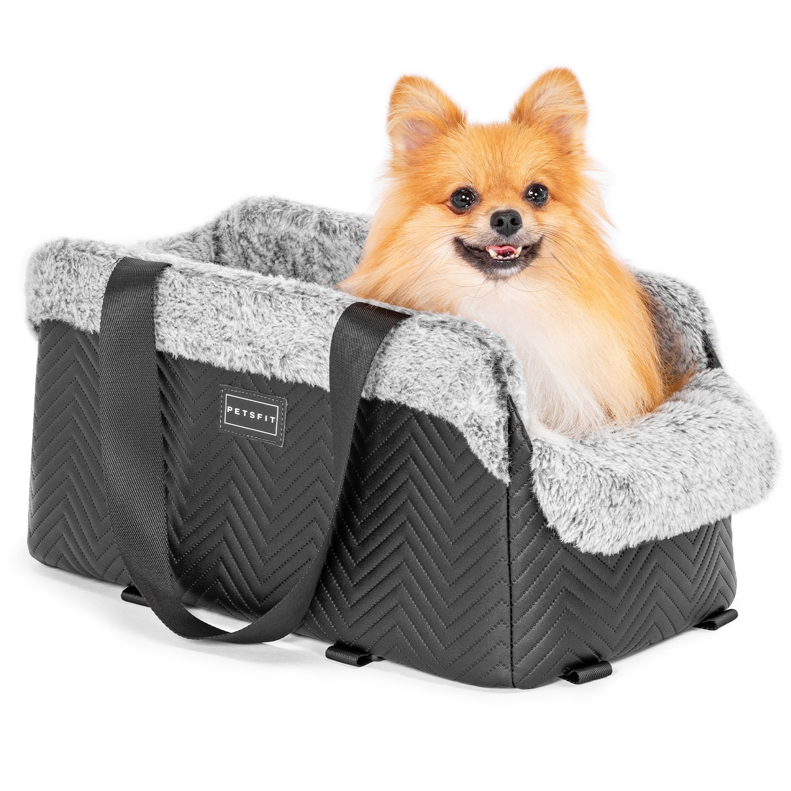 PETSFIT Center Console Dog Car Seat, Portable Car Seat for Dogs with Safe Protective Hooks, Luxury Dog Car Seats for Small Dogs, Dog Car Carrier Includes Safety Tether for Pets Up to 12 lbs (Black)