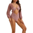 thumbnail image 4 of Bikini de una pieza con escote en V, mangas largas, malla y control de abdomen, color marrón rosado, talla X-Small, 4 of 5