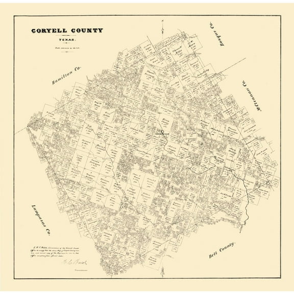 Historic County Map - Coryell County Texas - Walsh 1879 - 23.46 x 23 - Vintage Wall Art