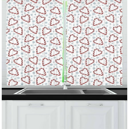 Candy Cane Curtains 2 Panels Set, Christmas Themed Heart Shaped Candies and Snowflakes Winter Season, Window Drapes for Living Room Bedroom, 55W X 39L Inches, Red Blue Grey White, by Ambesonne