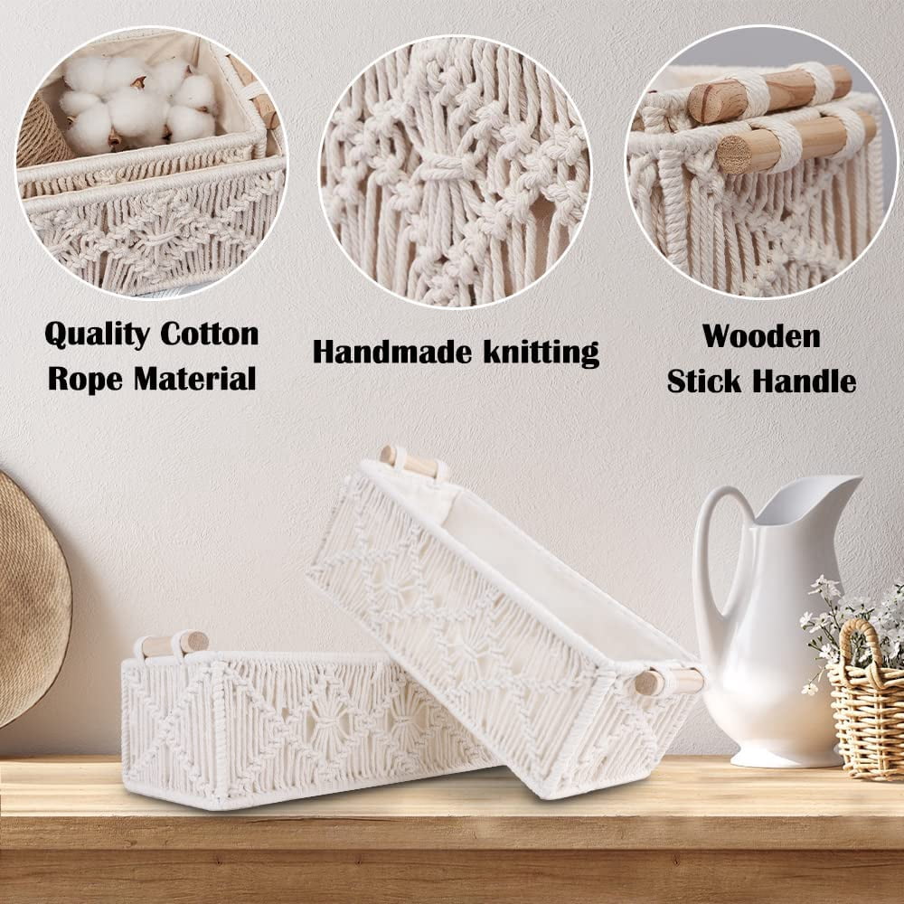 2Pcs Macrame Storage Baskets, White Boho Bathroom Decor Woven Baskets with Wooden Handles, Handmade Countertop Toilet Cabinet Organizer Boxes for Home, Shelves (Large+Small)