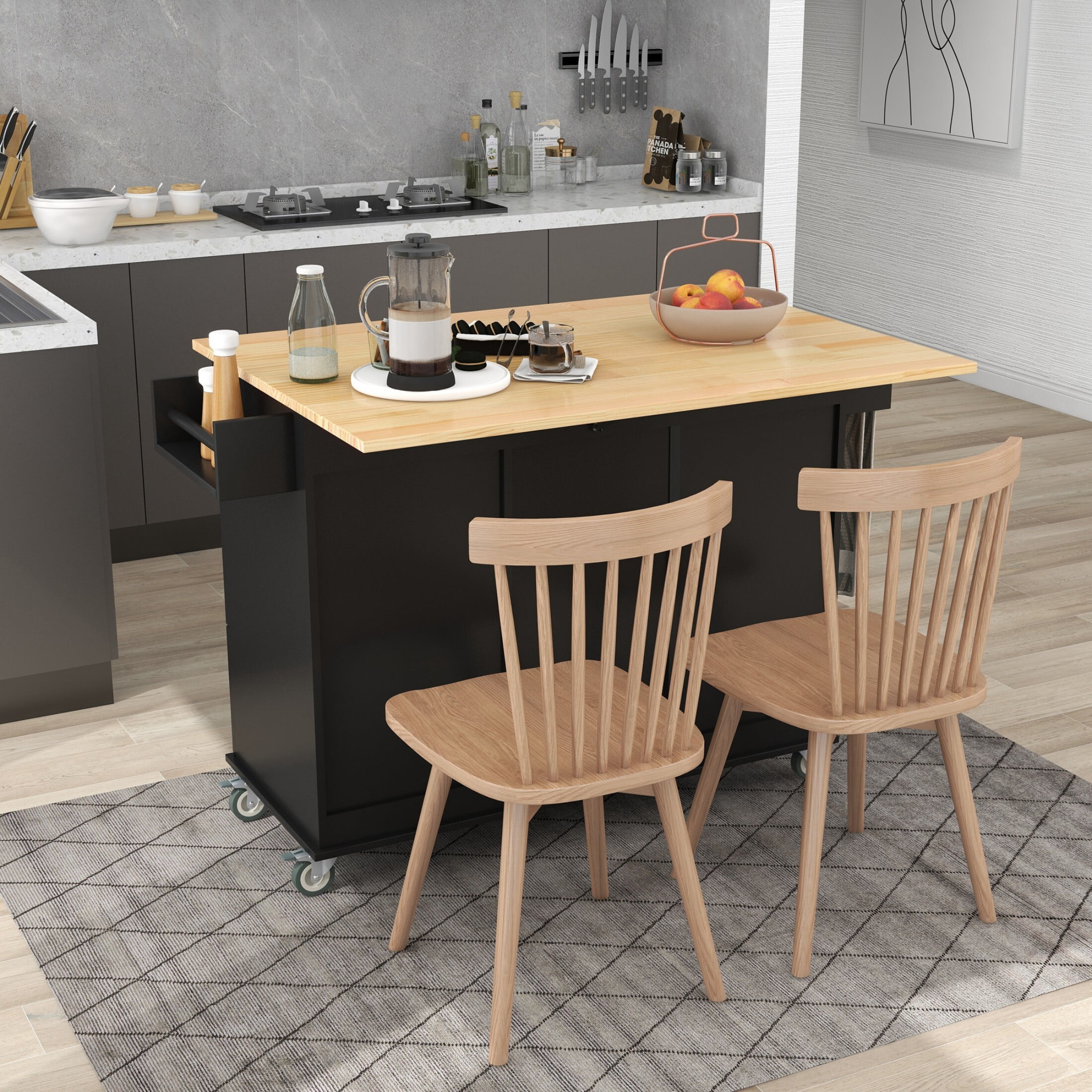 AENKYO 52.7'' Kitchen Island Cart with Drop Leaf, Rolling Kitchen Storage Cart with 3 Drawers, Black