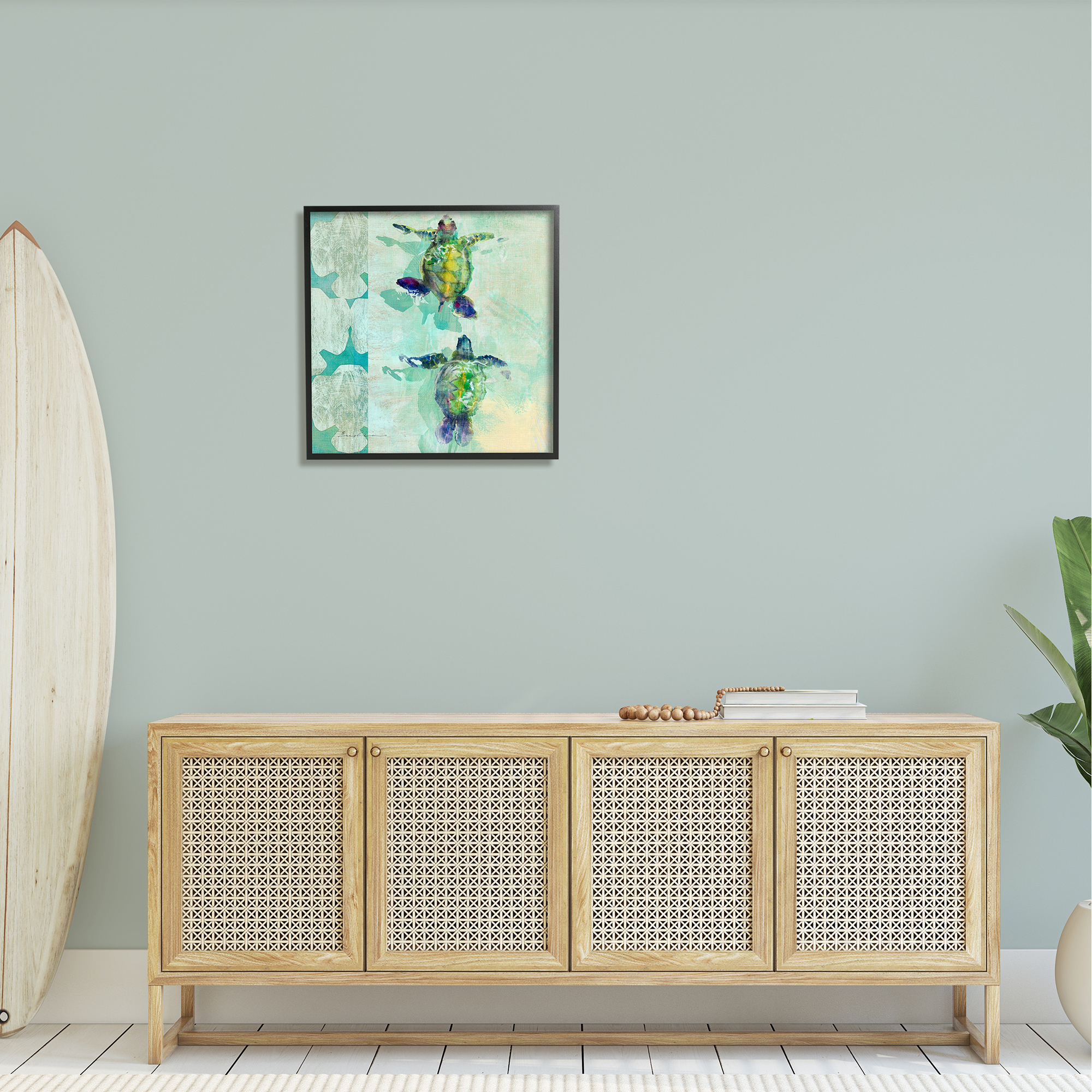 Stupell Green Turtles Swimming Abstract Shapes Landscape Painting Black Framed Art Print Wall Art