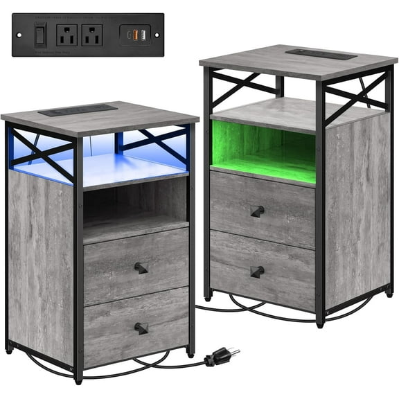 Nightstands Set 2 with Charging Station, LED Nightstand with Wood Drawers, End Tables Living Room Set 2 with Storage, Farmhouse End Table Set of 2, Bedside Table for Bedroom, Grey