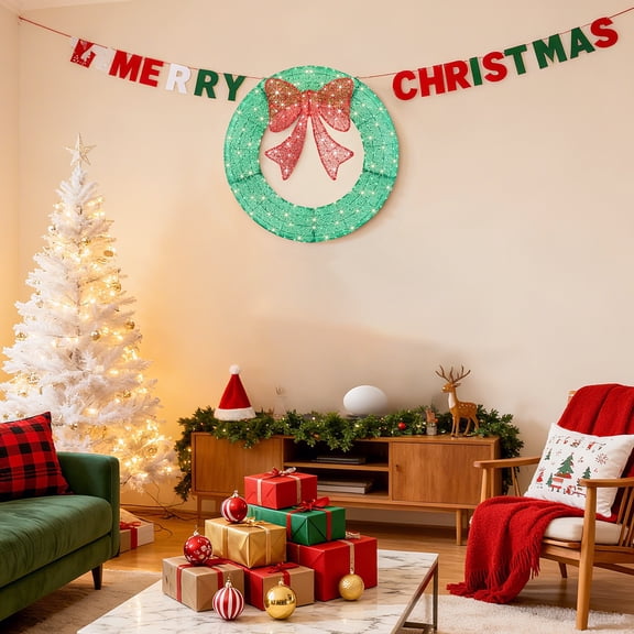 EDX 35in Pre-Lit Outdoor Christmas Wreath Decoration, LED Metal Holiday Decor for Home w/ 120 Lights, Bow - Green/Red