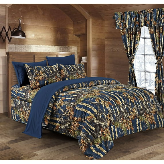 The Woods Navy Blue Camouflage Queen 8pc Premium Luxury Comforter, Sheet, Pillowcases, and Bed Skirt Set by Regal Comfort Camo Bedding Set For Hunters Cabin or Rustic Lodge Teens Boys and Girls