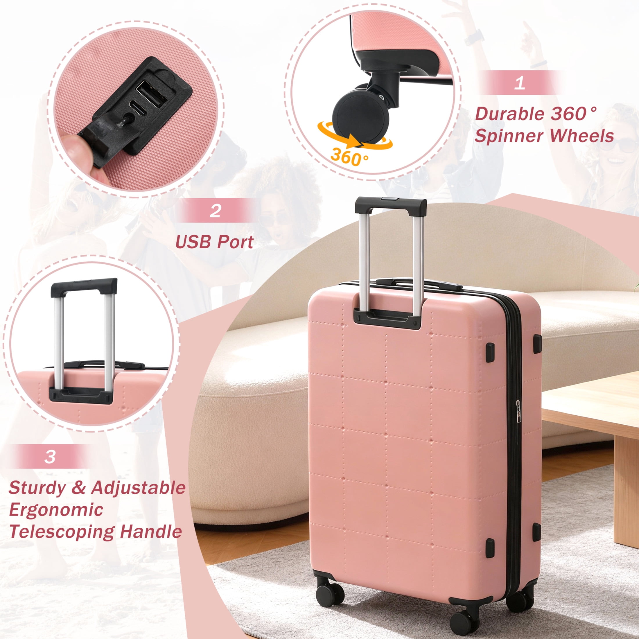 GDF Studio 5-Piece Hardside Luggage Set, Carry-On Suitcase with USB Port and Checked Bags, Spinner Wheels, Light Pink