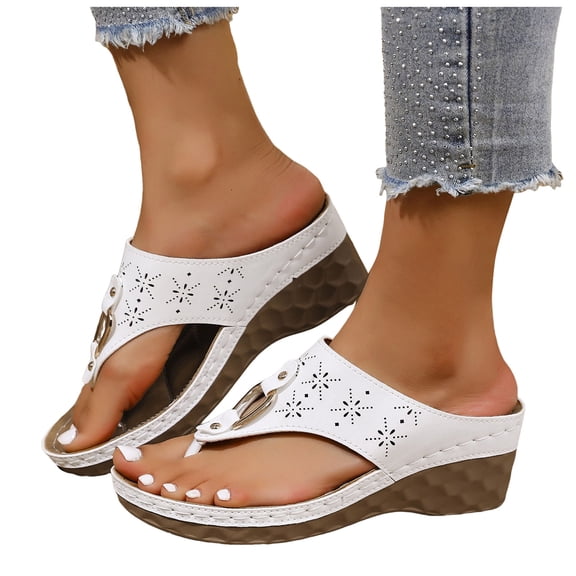 Flip Flops for Women 2026 Trendy Hollow Out Arch Support Wedge Sandals Platform Summer Slides Comfortable Orthopedic Shoes White Size 6.5