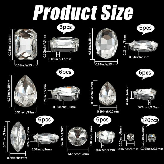 1 Box 156Pcs Glass Sew on Rhinestones Mixed Shapes Sew on Gems Clear Sewing Rhinestone Embellishment Flatback with Iron Claw Setting for Jewelry Making Shoes Dress Garment Accessories