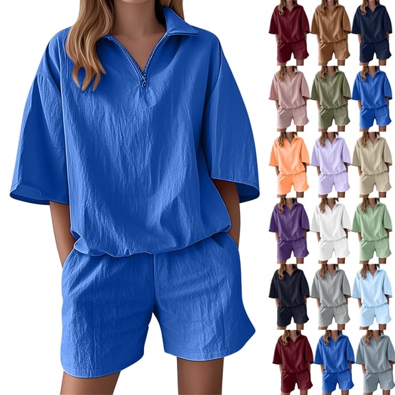 Summer Fashion Two Piece Sets for Women Dressy Plus Size Casual Solid Color Short Sleeved Shorts