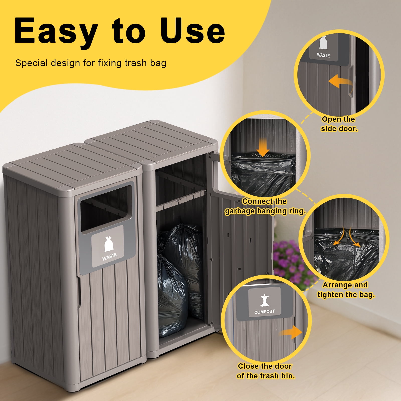 Outdoor Single Barrel Trash Can,Waterproof Resin Garbage Can with Garbage Labels,Durable Waste Bin for Porch, Backyard,Kitchen,for 30 to 39 Gallon Trash Bags（Gray，2)