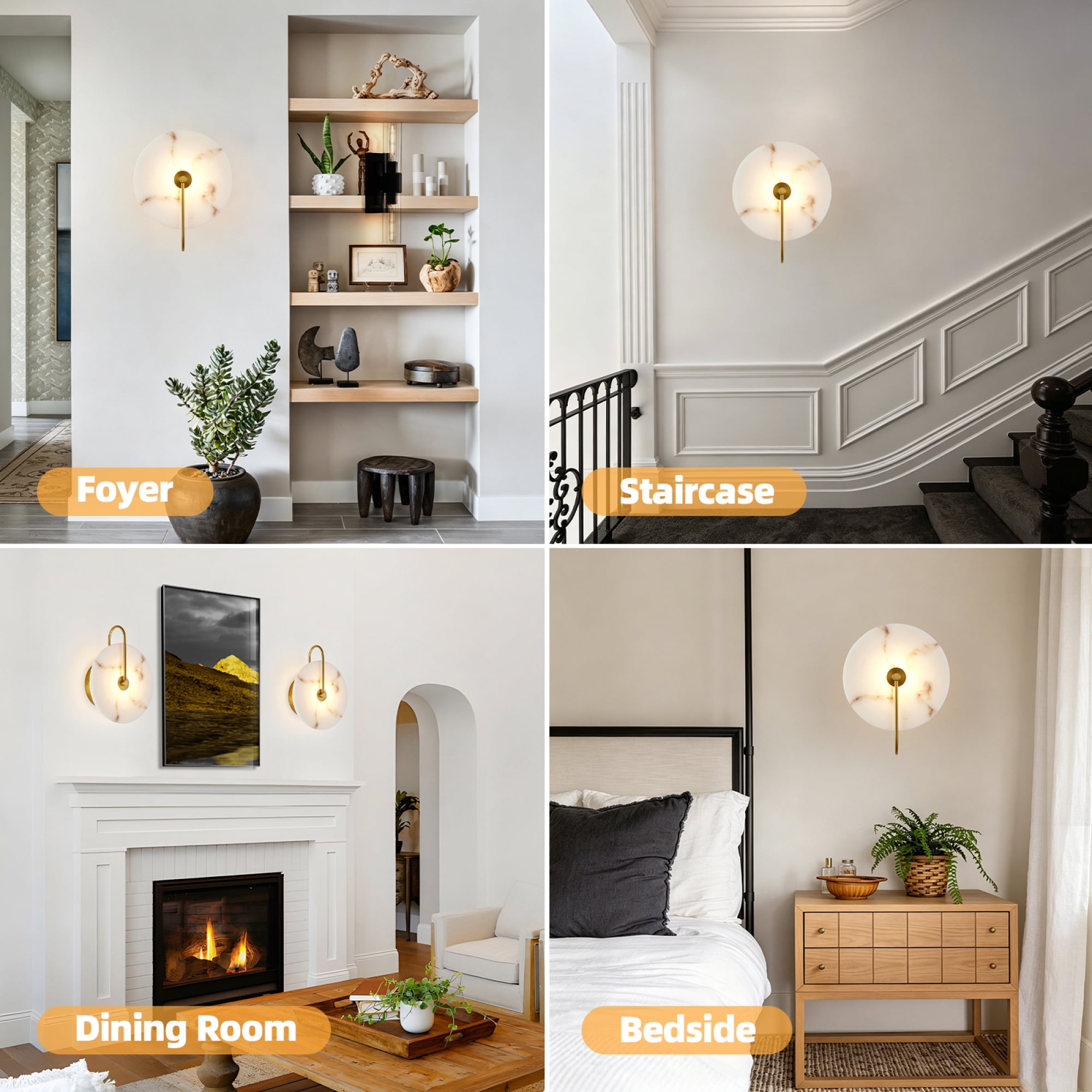 Leumius Round Wall Sconce, Natural Marble Lampshade Wall Sconce, Hardwired Circular Sconce LED Modern Wall Lamp for Bedroom, Stairs, Living Room, Bedside, Hallway
