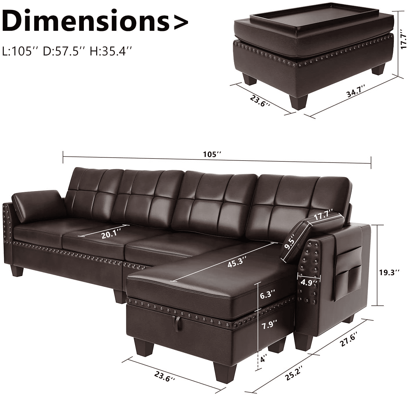Buy HONBAY Faux Leather Sectional Sofa Set L Shaped Couch with Chaise & Ottoman Brown Online at