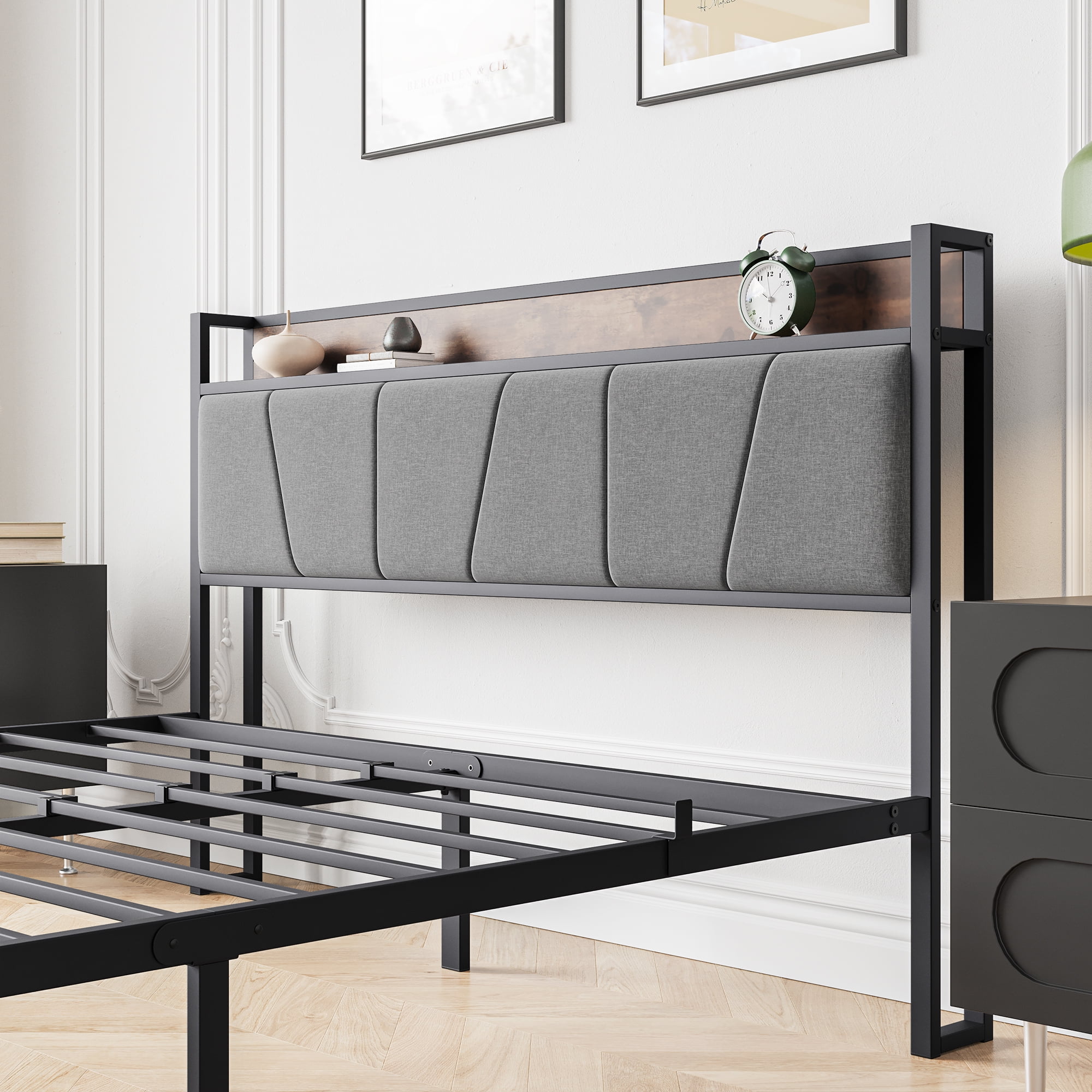 Queen Bed Frame with Storage Headboard/USB Charging Station,Heavy Duty Metal Upholstered Single Platform Queen Size Bed Frame,No Box Spring Needed,Heavy Duty Metal Slats,86.38"x59.45"x38.78",Brown