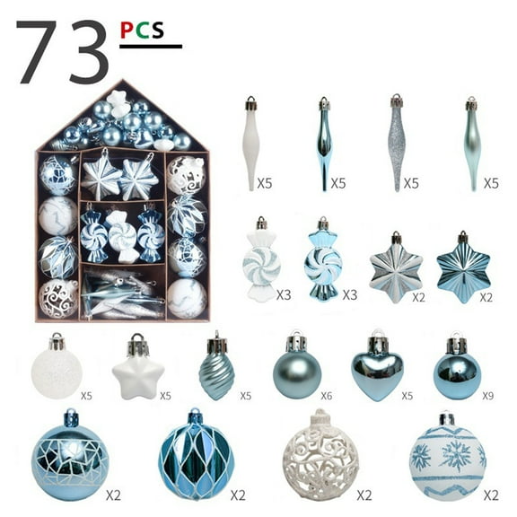 Blue Blue Christmas Ornament Set 73 Pieces Shatterproof Plastic Tree Decorations 2.36 Inches