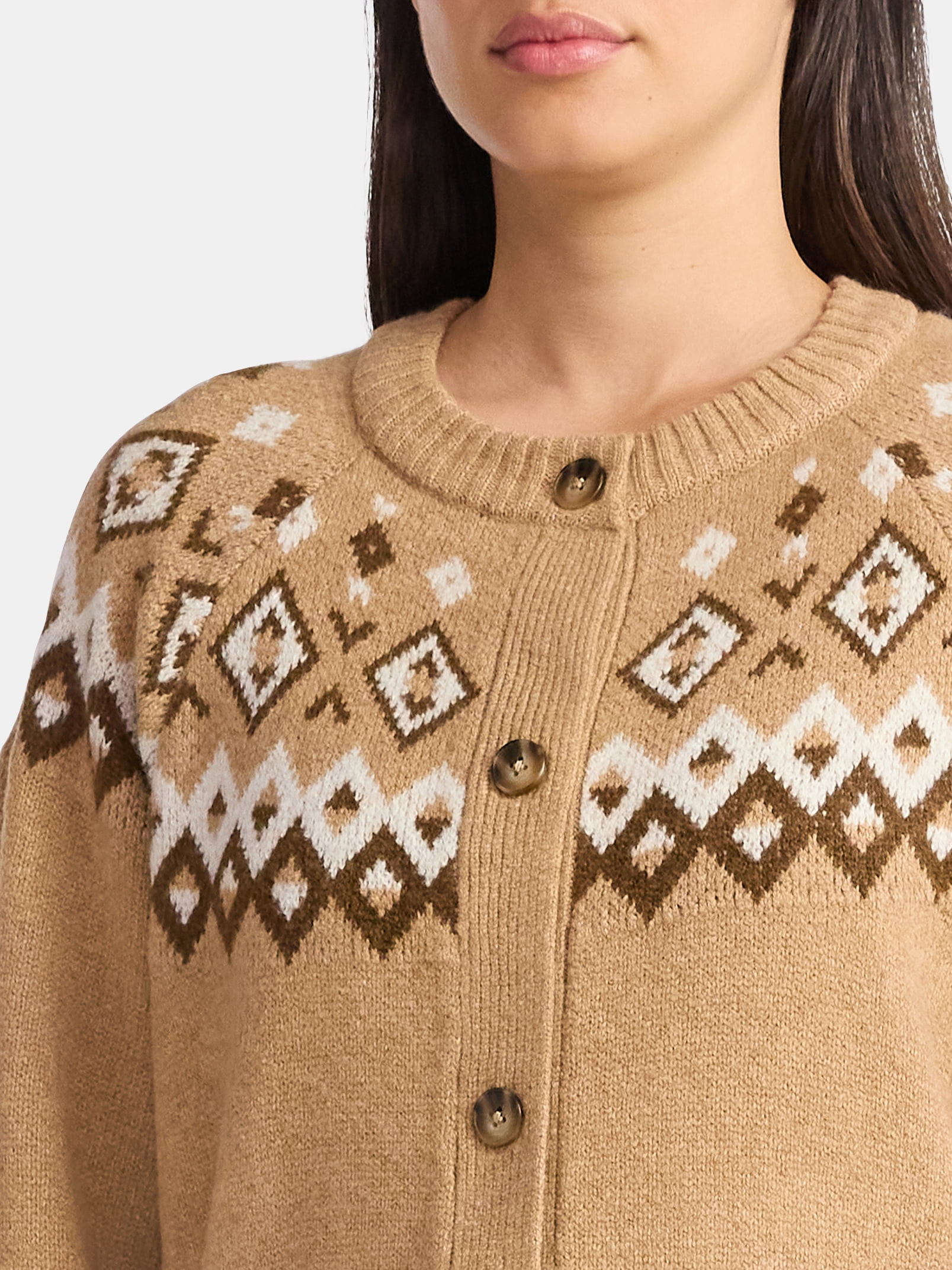 Time and Tru Women's Fair Isle Cardigan Sweater, Midweight, Size XS-XXXL