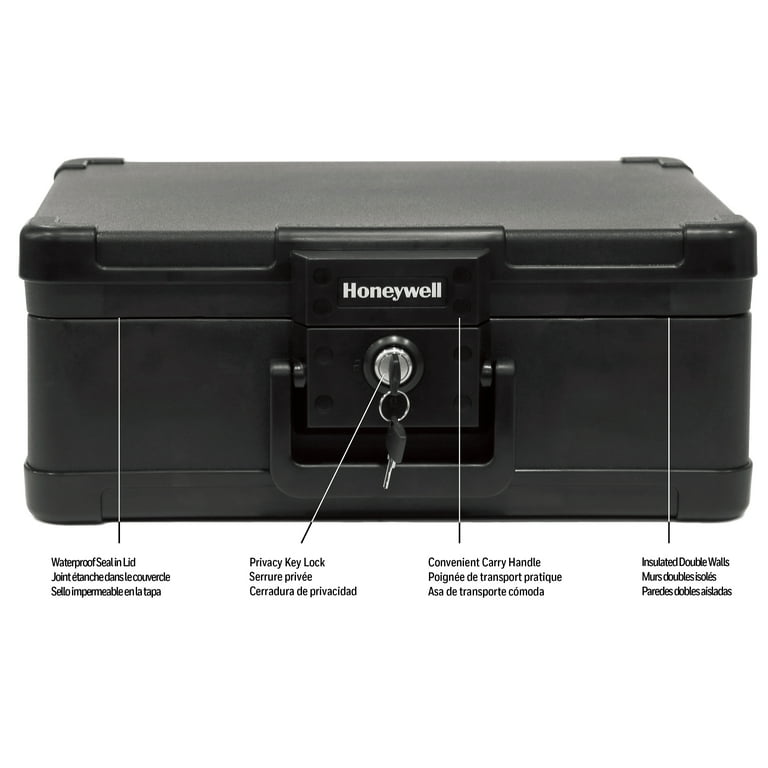 0.24 cu. ft. Molded Fire Resistant and Waterproof Portable Chest with Carry Handle, Key and Double Latch Lock 0.24 cu. ft. Molded Fire Resistant and Waterproof Portable Chest with Carry Handle, Key and Double Latch Lock